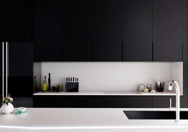 modern kitchen interior design, close-up detail frontal day rendering, 3D concept